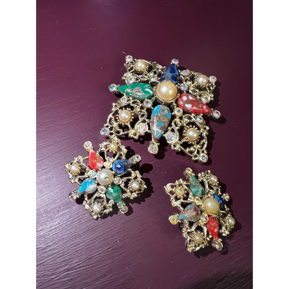 Vintage Sarah Coventry Galaxy Brooch Pendant Clip Earrings Set 1962 Multicolor